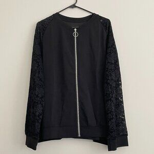 Black Lace Sleeve Zip up Bomber Jacket 3X
